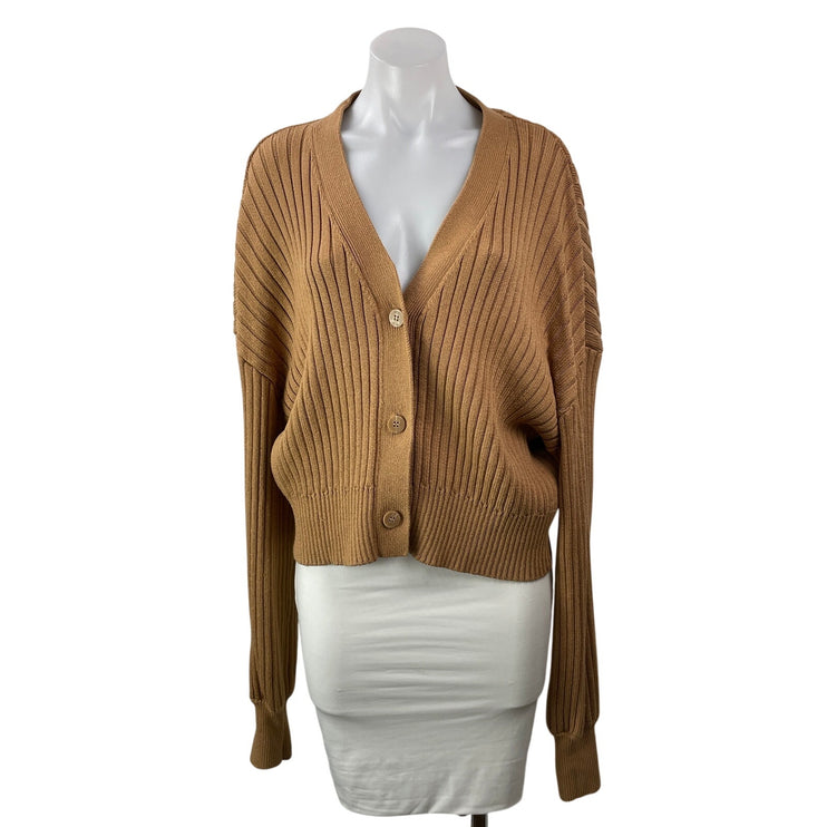 Staud Women's Tan Ribbed Knit V Neck Button Down Cardigan Sweater Top Size L