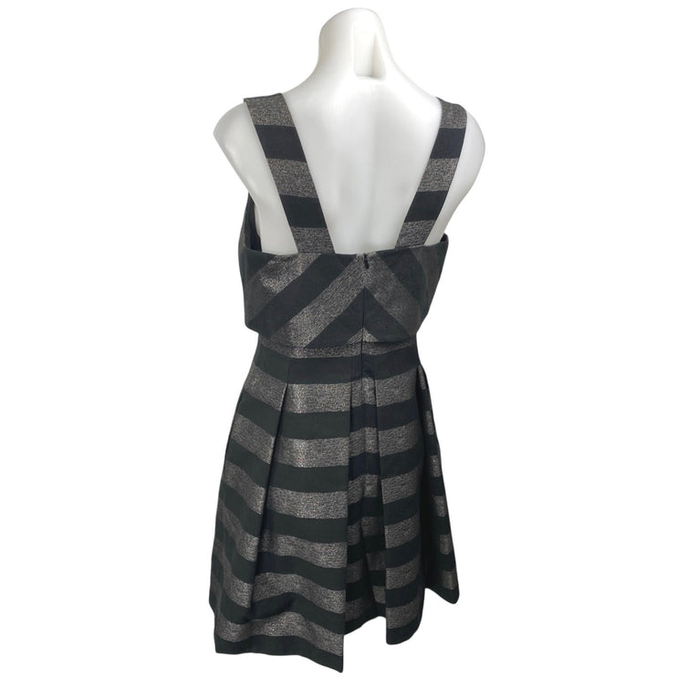 Karen Millen Black Silver Metallic Chevron Stripe Sleeveless Fit & Flare Dress 8