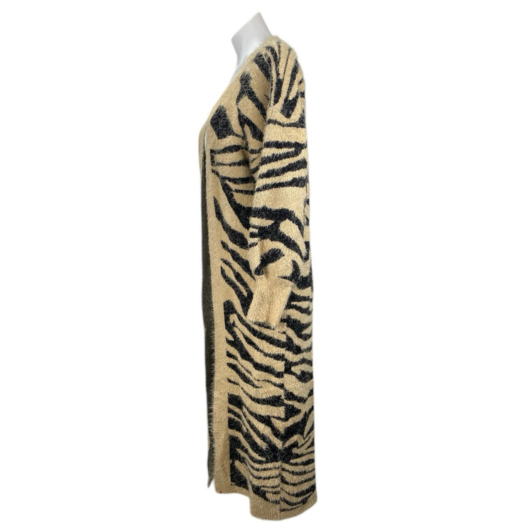 Women's Beige Black Tiger Print Eyelash Knit Longline Cardigan Sweater Top Sz S