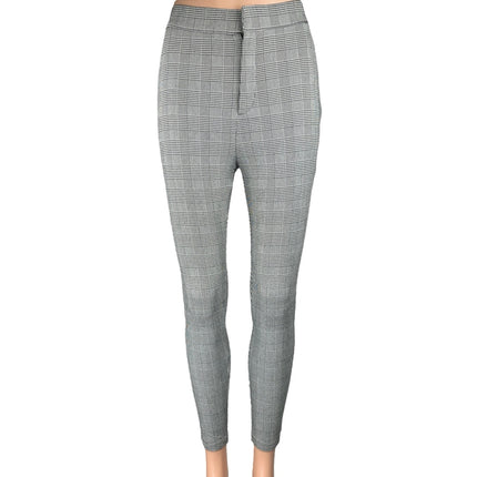 Zara Black White Plaid Checkered Skinny Slim Fit High Waist Trousers Pants Sz S