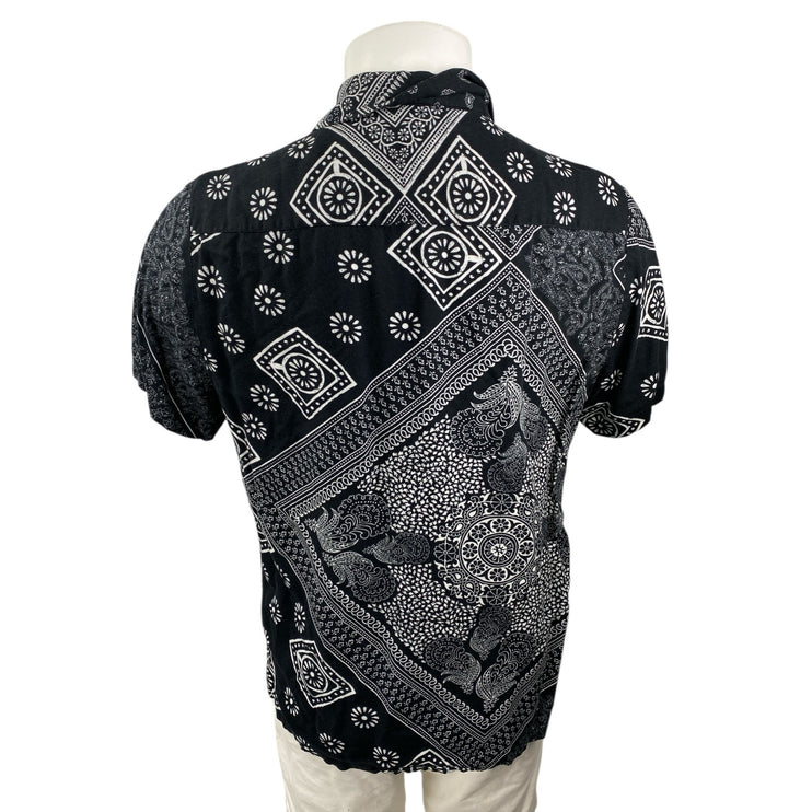 Denim & Flower Black Paisley Bandana Print Short Sleeve Button Up Shirt Top Sz L