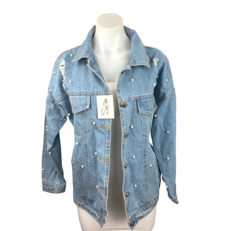 Seven7 NWT Blue Denim Pearl Button Front Distressed Long Sleeve Jean Jacket Sz M