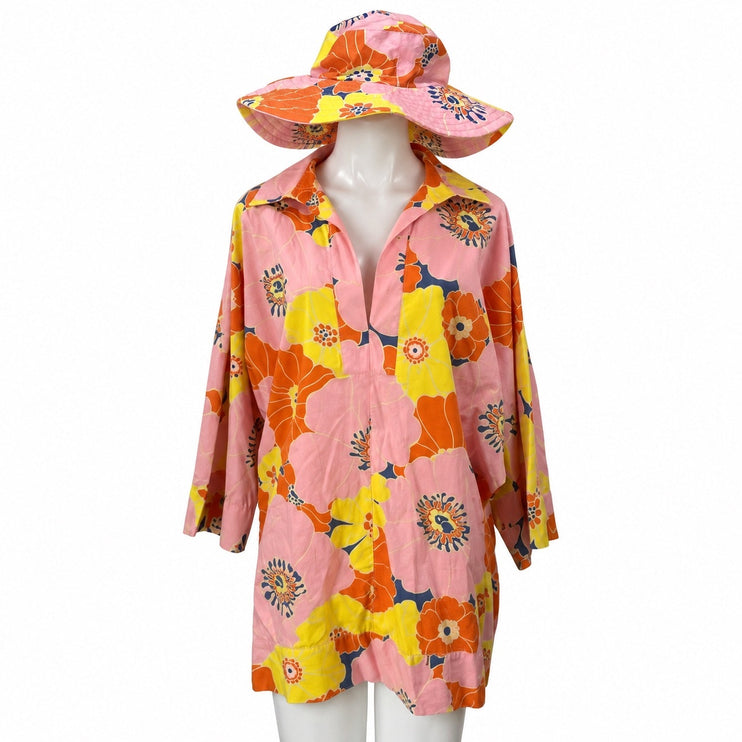 Zara Women's Pink Yellow Floral Long Sleeves Kimono Tunic Shirt Top & Hat Sets M