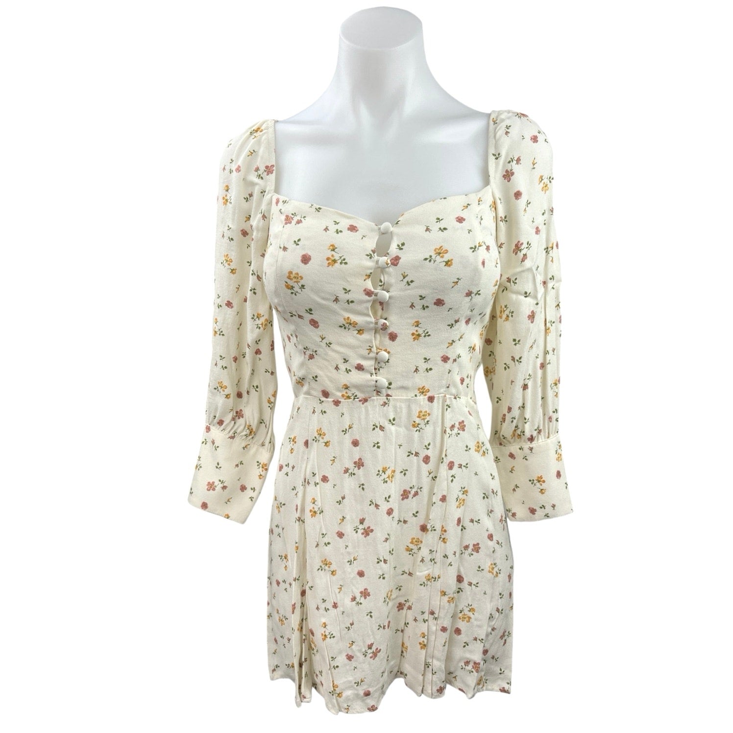 Reformation Cream Floral Long Sleeve Hooman Smocked Button Front A Line Mini Dress Sz 2 Reformation Cream Floral Long Sleeve Hooman Smocked Button Front A Line Mini Dress Sz 2