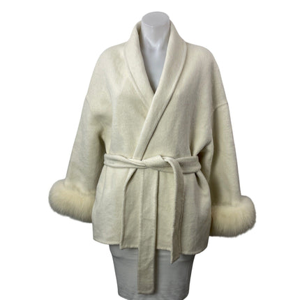 Sierra Darien Women's Ivory White Long Sleeves Faux Fur Cuffs Wrap Coat Jacket S