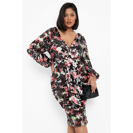 Boohoo Black Red Sequin Long Puff Sleeve Deep V-Neck Midi Sheath Dress Size 14