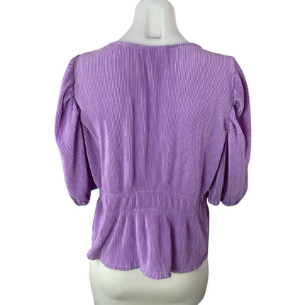 MNG Mango Purple Lilac Plisse Short Puff Sleeve Tie Knot Peplum Blouse Top Sz L