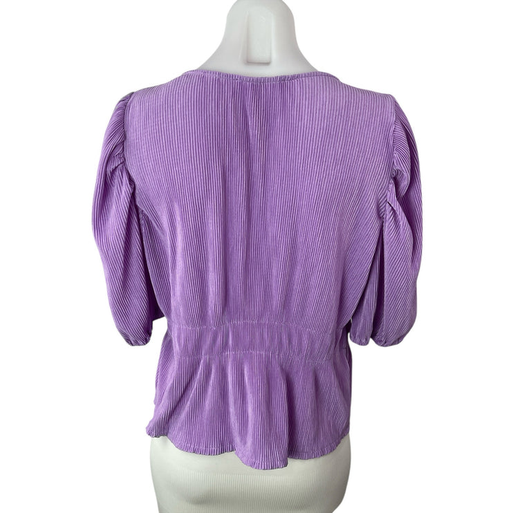 MNG Mango Purple Lilac Plisse Short Puff Sleeve Tie Knot Peplum Blouse Top Sz L