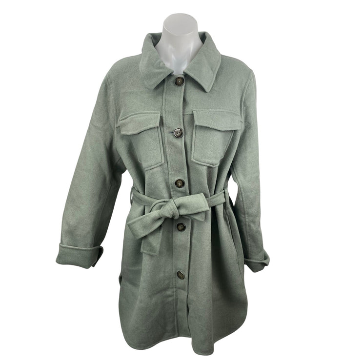 Tahari Brooke Wool Collared Long Sleeve Button Down Belted Shirt Coat Jacket L