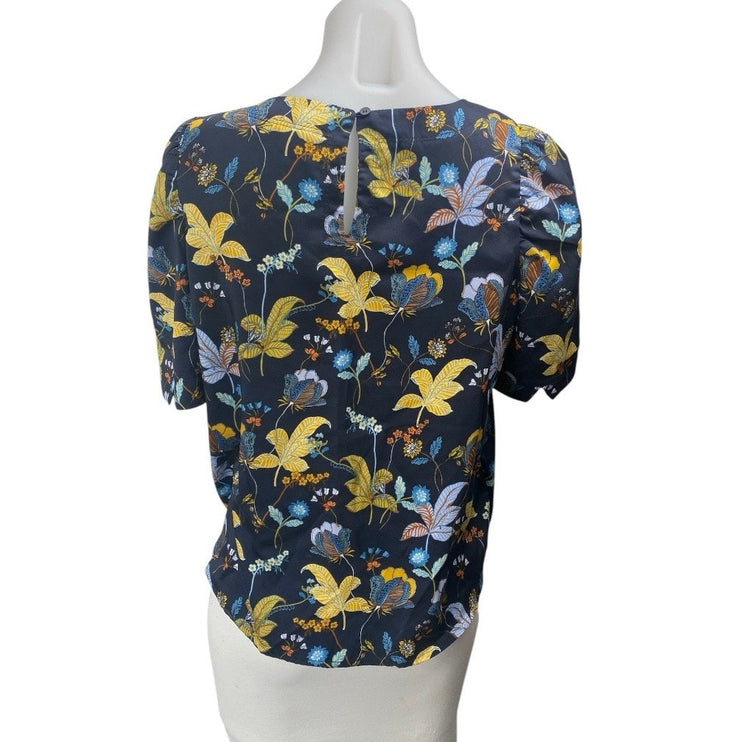 Ann Taylor LOFT Navy Blue Multicolor Floral Short Puff Sleeve Blouse Top Size S