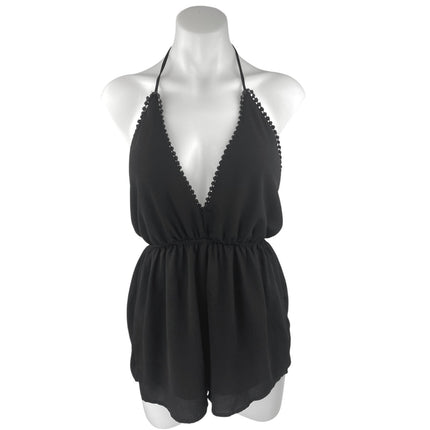 Ecote Black Halter Sleeveless Open Back Deep V Neck Pom Pom Romper Shorts Size M