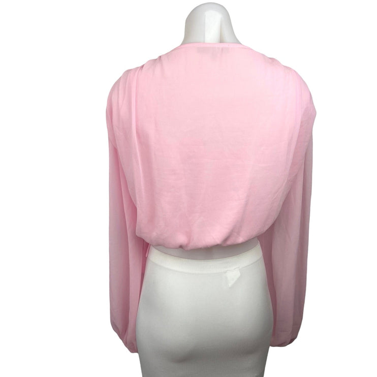 Missguided Pink Deep V Long Sleeve Elastic Wait Cropped Blouse Top Size 4