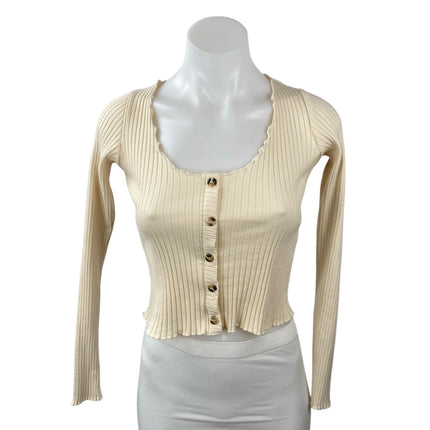 Topshop Women's Cream Ribbed Knit Lettuce Long Sleeve Button Up Crop Top Size 4