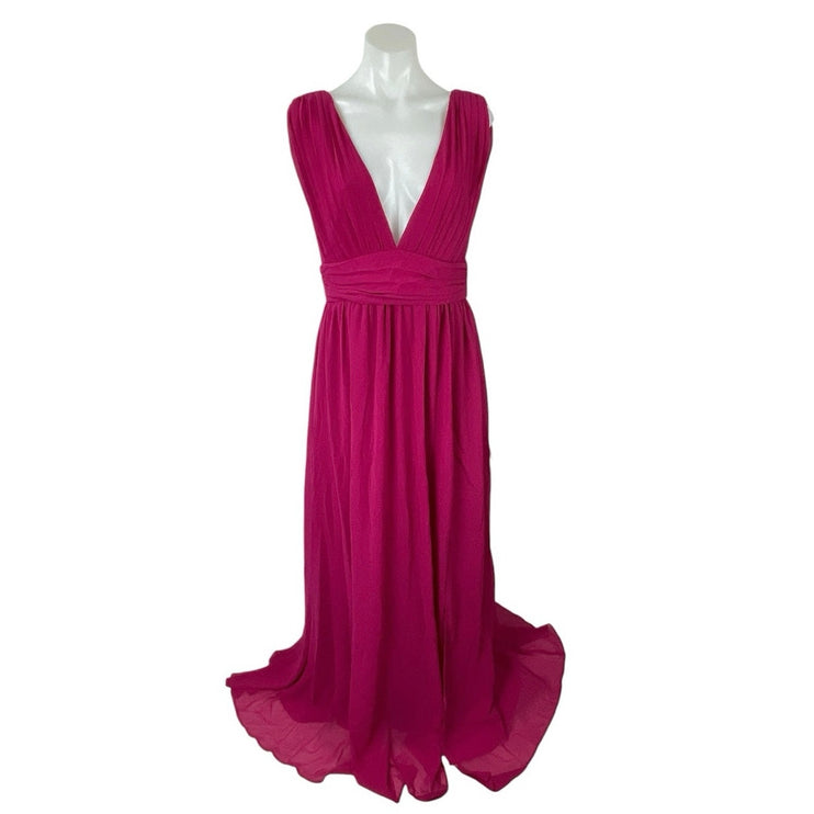 NEW Lulus Heavenly Hues Pink Pleated V Neck Bridesmaid Maxi Flare A-Line Dress M