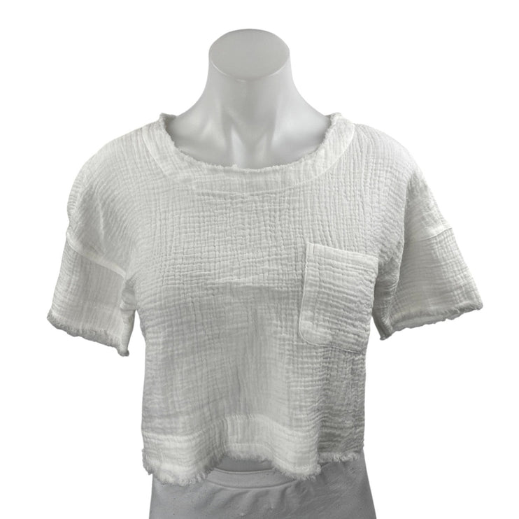 New In White Cotton Gauze Frayed Edges Pocket Short Sleeve Crop Tee Shirt Top XS