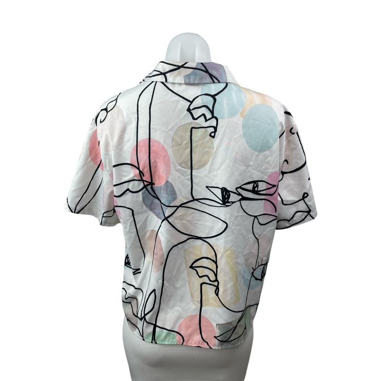 Womens Multicolor Abstract Print Collared Short Sleeve Button Down Shirt Top S/M