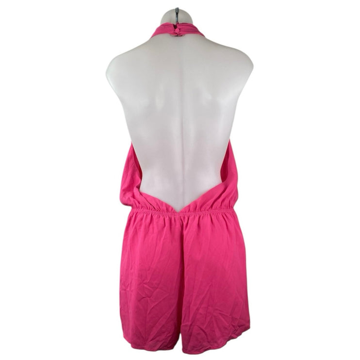 Superdown Women's Pink Sleeveless Halter V-Neck Open Back Jumpsuit Romper Size L