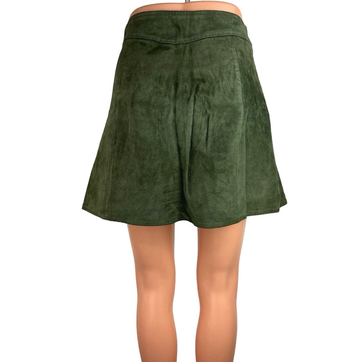 Zara Green 100% Suede Leather Zip Front Mini Casual A Line Mini Skirt Size M