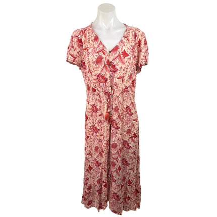 knox rose pink dress Knox Rose Red Floral V Neck Short Sleeve Button Tassel A Line Midi Dress Sz XXL