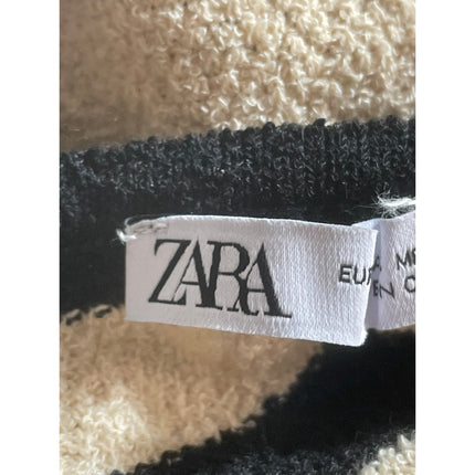 Zara Women's Black Cream Striped Knit Cap Sleeve Midi Sheath Bodycon Dress Sz S