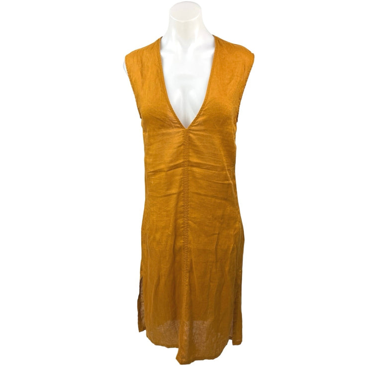 Zara 100% Linen Yellow Orange Plunge V Sleeveless Midi Sheath Dress Size XS