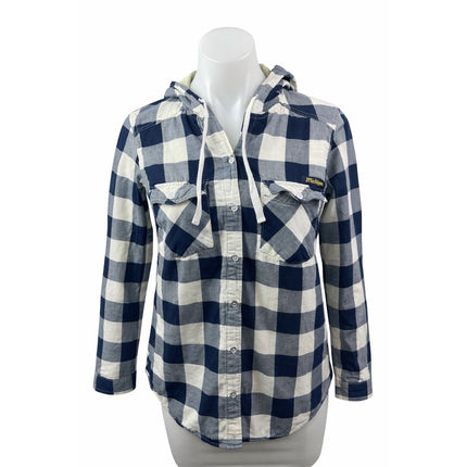 Columbia Womens Blue Plaid Flannel Long Sleeve Hoodie Button Up Shirt Top Size S