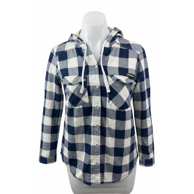 Columbia Womens Blue Plaid Flannel Long Sleeve Hoodie Button Up Shirt Top Size S