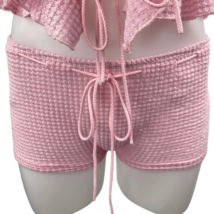 NEW White Fox Pink Crochet Ruffle Tie Front Peplum Crop Top & Mini Shorts Set XS