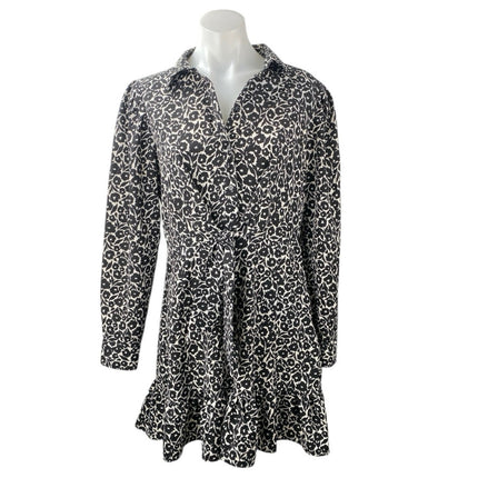Topshop Black Floral Button Collared Bow Front Long Sleeve Mini Shirt Dress Sz 8