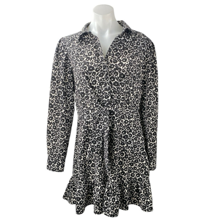 Topshop Black Floral Button Collared Bow Front Long Sleeve Mini Shirt Dress Sz 8