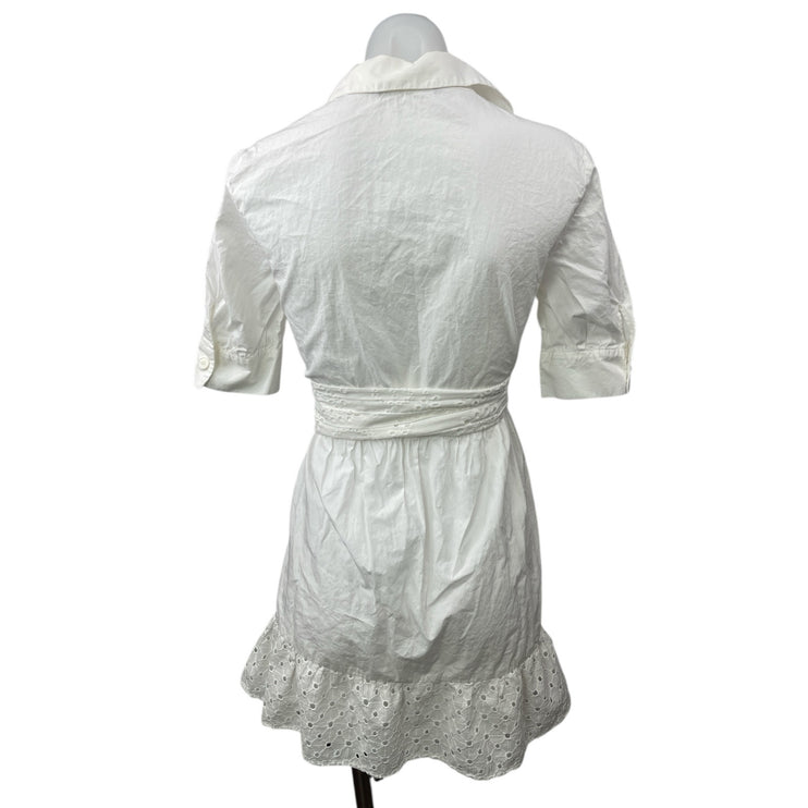 Zara White Belted Embroidered Eyelet Short Sleeve Mini A-Line Shirt Dress Size S
