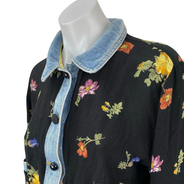 Vintage Romeo Black Floral Long Sleeve Denim Jean Button Down Shirt Top Size M