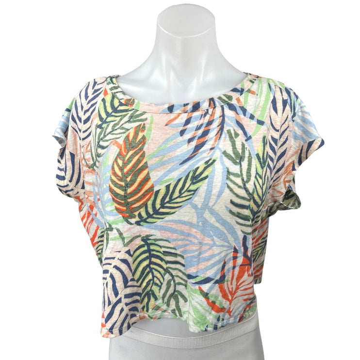 Tahari Multicolor 100% Linen Tropical Leaf Loose Fit Crop Blouse Top Size L