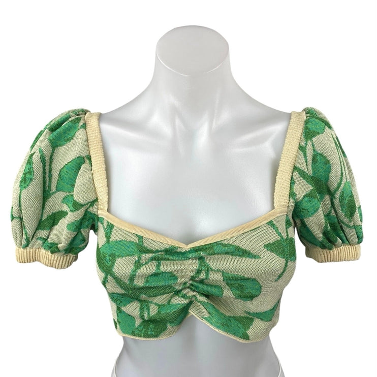 Zara Green Leaf Print Short Puff Sleeve Tropical Ruched Knit Crop Top Size S