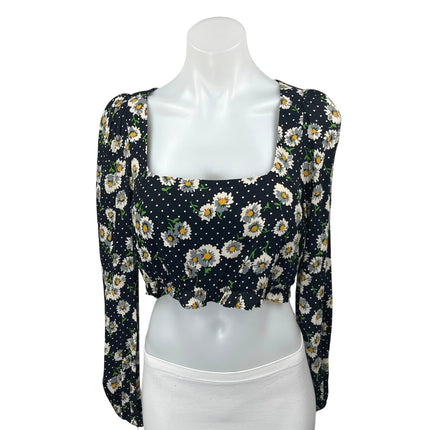 Zara Black Floral Polka Dots Long Sleeve Ruffle Square Neck Crop Blouse Top Sz M