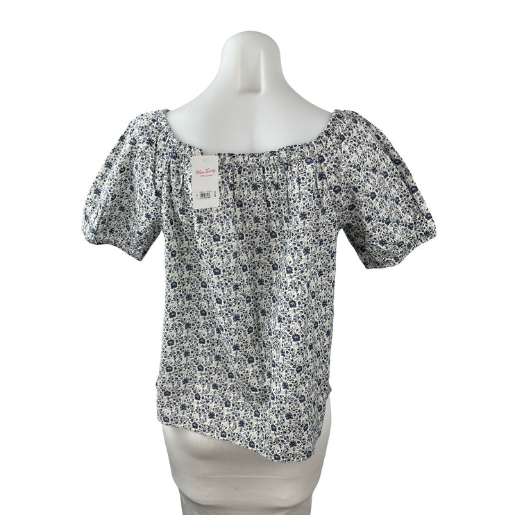 NEW Lucky Brand Women's Blue White Floral Short Sleeve Boho Blouse Top Size S