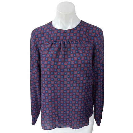 GAP Women's Blue Red Geometric Printed Long Sleeve Pleated Blouse Top Size XS