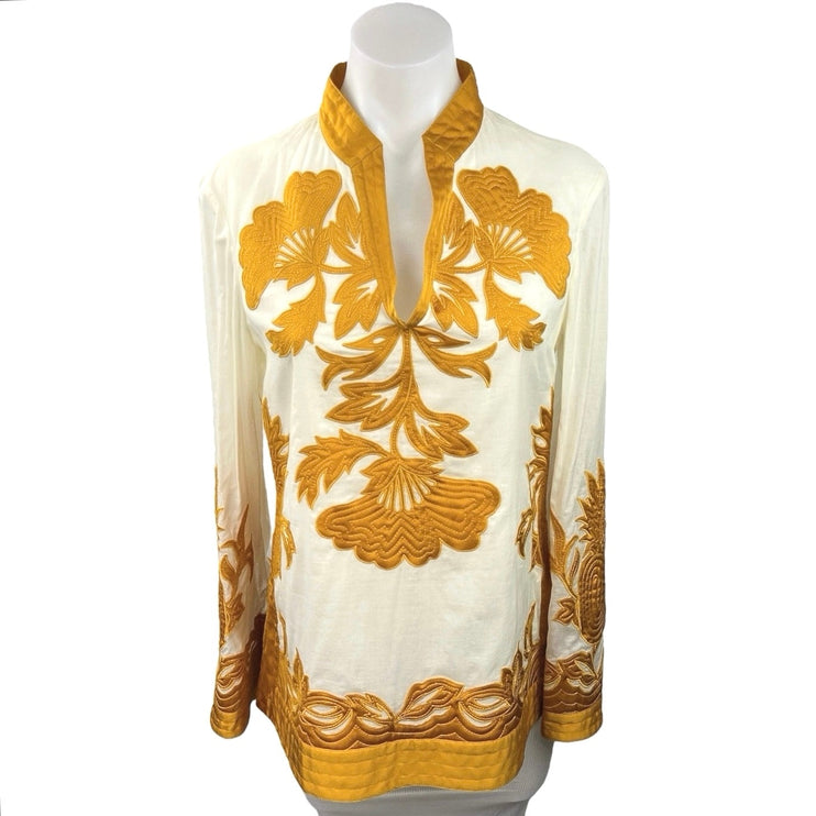 Tory Burch White/Gold Yellow Floral Long Sleeve Embroidered Applique Tunic Top 2