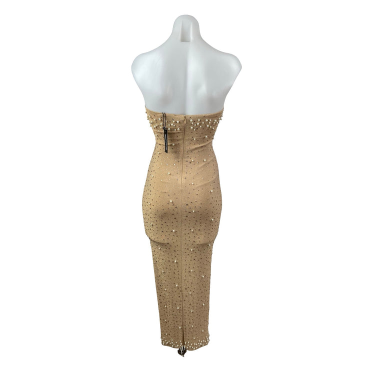 NEW PrettyLittleThing Gold Bandeau Tube Beaded Rhinestone Maxi Bodycon Dress 4