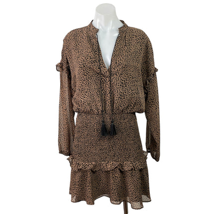 Aqua Brown Leopard Cheetah Tassel Ruffle Long Sleeve Tiered Blouson Mini Dress S
