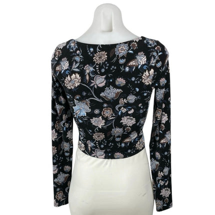 Aritzia Wilfred Women Black Floral Long Sleeve Square Neck Knit Crop Top Size S