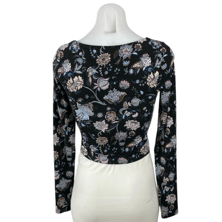 Aritzia Wilfred Women Black Floral Long Sleeve Square Neck Knit Crop Top Size S