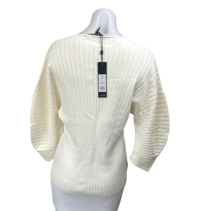 NEW BCBGMAXAZRIA Women's Cream Ribbed Knit Long Balloon Sleeve Sweater Top Sz L