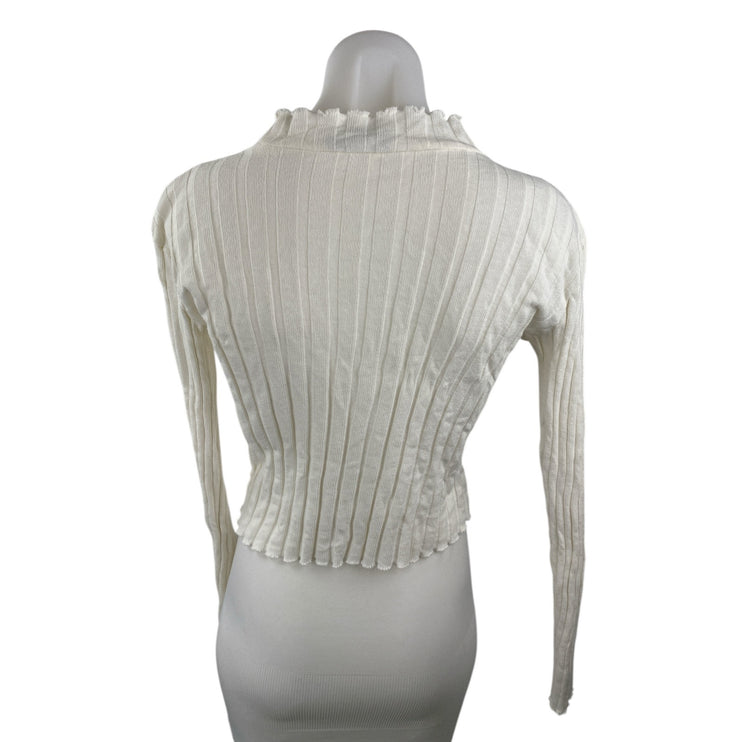 Zara Women's White Long Sleeve Ribbed Knit Lettuce Mock Neck Sweater Top Size L