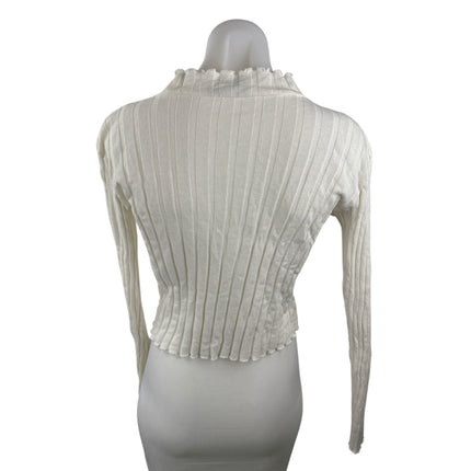 Zara Women's White Long Sleeve Ribbed Knit Lettuce Mock Neck Sweater Top Size L