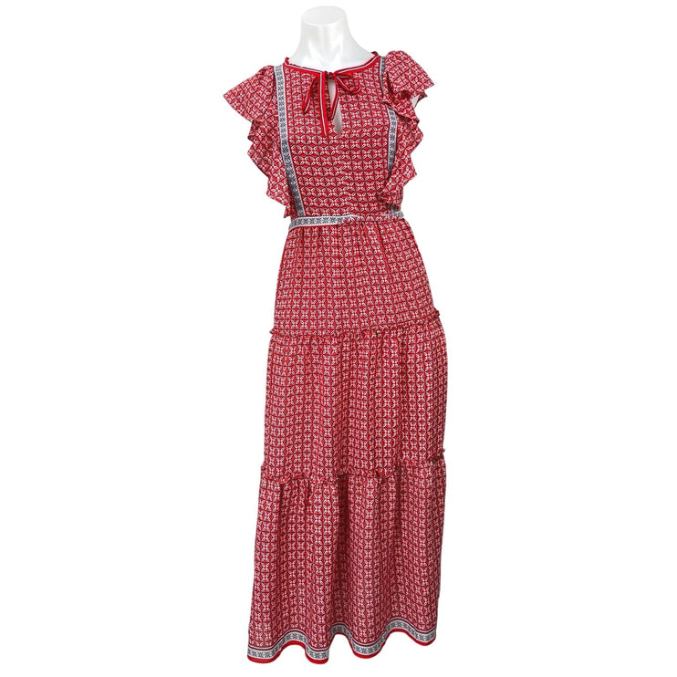 Max Studio Red Floral Ruffle Flutter Sleeve Bow Tiered Maxi Flare A-Line Dress S