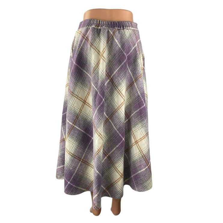 Women's Wool Purple Tartan Plaid Checkered High Waist Midi Flare A-Line Skirt S