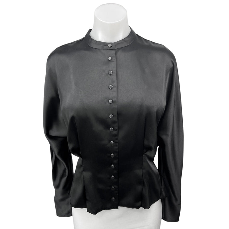 Equipment Black Silk Satin Long Sleeve Pleated Peplum Button Shirt Blouse Top M