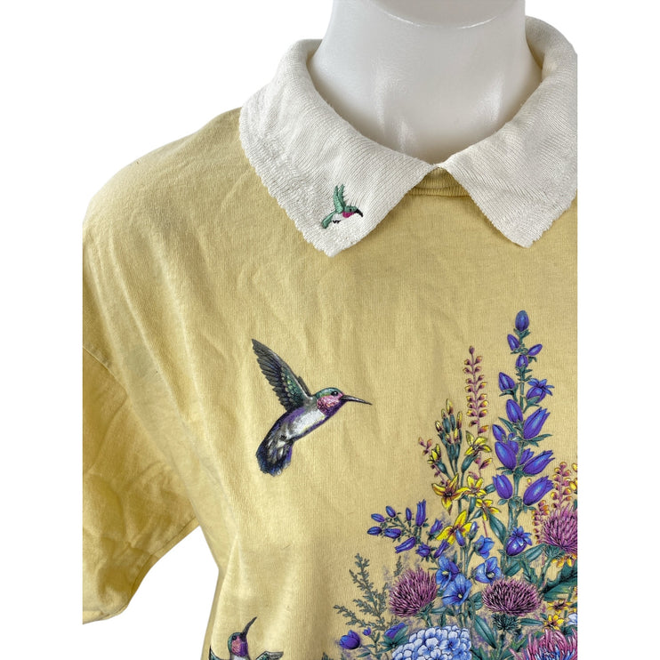 Morning Sun Women's Yellow Floral Print Collared Short Sleeve Blouse Top Size S