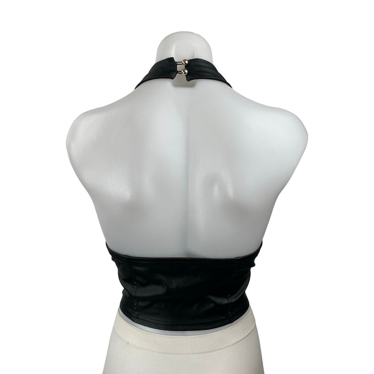 Fashion Nova Nemy Women's Black Faux Vegan Leather Corset Crop Halter Tank Top M